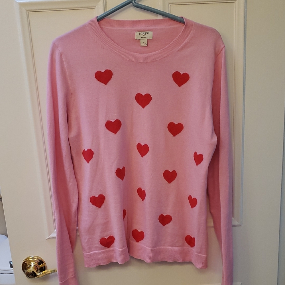 J. Crew Teddie Pink Pullover Sweater with Red Heart Design